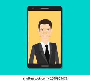 facial recognition men with face tracking point on the smartphone vector graphic illustration