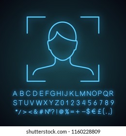 Facial recognition neon light icon. Face scan. Glowing sign with alphabet, numbers and symbols. Biometric identification. Face ID. Vector isolated illustration