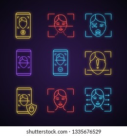Facial recognition neon light icons set. Face lock, banking, approved, protection smartphone apps, scanning process, reader, markers, ID scan unidentified. Glowing signs. Vector isolated illustrations