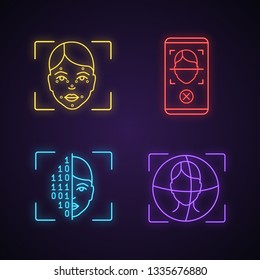 Facial recognition neon light icons set. Biometric identification. Faceprint analysis, face scan smartphone app rejection, binary code, 3d ID scnner. Glowing signs. Vector isolated illustrations