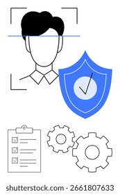 Gesichtserkennungsscan auf Person, Sicherheitsschild mit Häkchen, Checkliste mit Häkchen, Zahnräder. Ideal für Cybersicherheit, Systemintegration, Technologie, Datenschutz, Verifizierung
