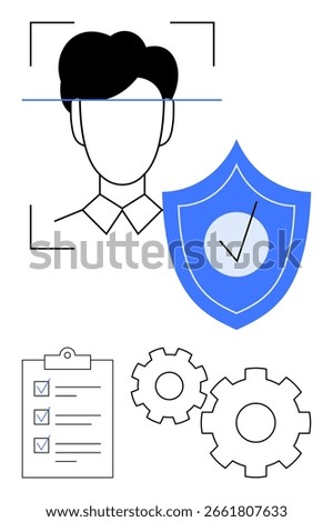 Facial recognition scan on person, security shield with checkmark, checklist with checkmarks, gears. Ideal for cybersecurity, system integration, technology, privacy protection, verification