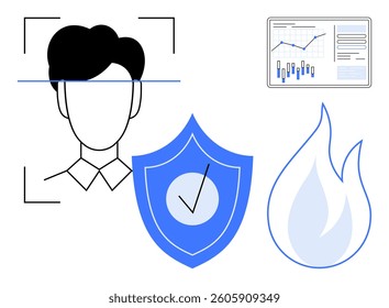 Facial recognition scan, shield with check mark, flame icon, and analytics dashboard. Ideal for cybersecurity, data protection, analytics, biometrics, fire safety, online security, and technology