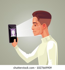 Facial recognition smart phone concept. Man character hold gadget. Vector flat cartoon illustration
