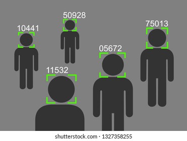 Facial recognition - surveillance, monitoring and control of society through camera and modern technology. Vector illustration