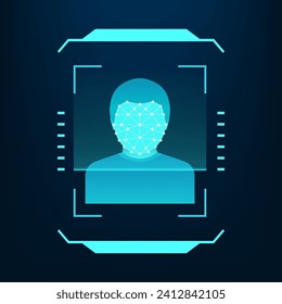 Sistema de reconocimiento facial. Cara de hombres de exploración biométrica, tecnología de acceso de autenticación de usuarios. Escanea la cara de una persona, formando una malla poligonal compuesta de líneas y puntos. Ilustración del vector