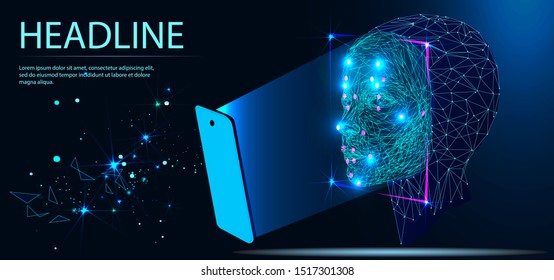 Concepto del Sistema de Reconocimiento Facial. análisis biométrico, 3D. Id. de cara. Identificación de una persona. Concepto de alambre vector de polígono. Titular