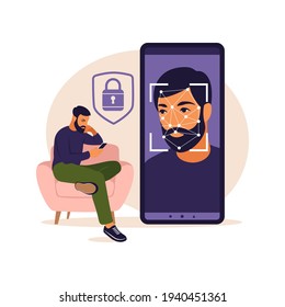 Facial recognition system concept. Face ID, face recognition system. Facial biometric identification system scanning on smartphone. Mobile app for face recognition. Vector illustration