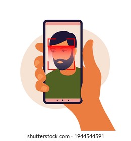 Facial recognition system concept. Face ID, face recognition system. Facial biometric identification system scanning on smartphone. Mobile app for face recognition. Vector illustration