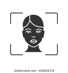 Facial recognition system glyph icon. Silhouette symbol. Face ID scanning software. Human head. Biometric identity verification. Negative space. Vector isolated illustration