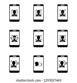Facial recognition system. Icon and symbol Smartphone and computer scans a person face. Biometric identification.