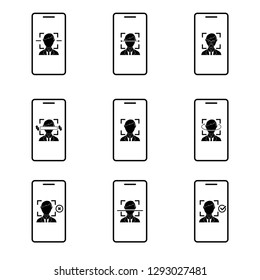 Facial recognition system. Icon and symbol Smartphone and computer scans a person face. Biometric identification.