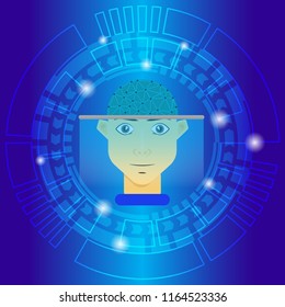 Facial recognition system scanning flat style,illustration vector,scanner face background  blue 