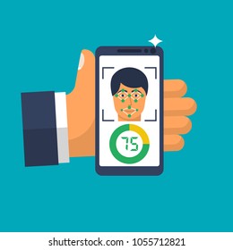 Facial recognition system. Smartphone hold in hand man. Unlocking smartphone with biometric identification face. Scans person. Mobile app. Vector illustration flat design. Isolated on white background