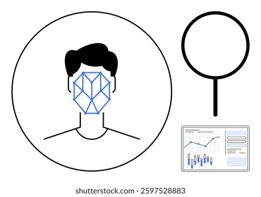 Facial recognition tech depicted with geometric facial mapping. Accompanying magnifying glass and analytical graphs. Ideal for AI technology, security, data analysis, tech education, digital ID