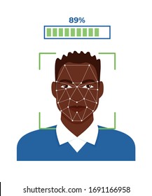 Facial recognition technology. African american man's face scanned on screen. Vector illustration.