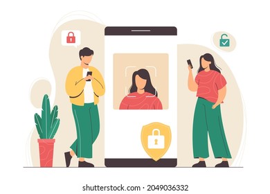 Facial recognition technology concept. Face ID system in smartphone app, biometric identification concept. Man and woman stand with phones and scan faces to verify identity of person and unlock device