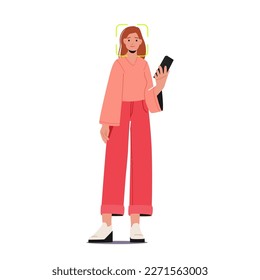 Facial Recognition Technology Concept. Female Character Scanning Face Id on Smartphone. Identification of Person Through System of Verification Isolated on White. Cartoon Vector People Illustration