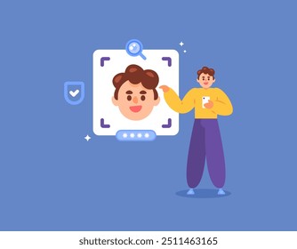 facial recognition technology concept. identification and authentication system using faces. biometrics and security. illustration of a user scanning their face to gain login access. flat style design