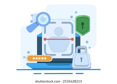 facial recognition technology concept. identification and authentication system using face. biometrics and security. illustration of user scanning their face to gain access. flat vector illustration.