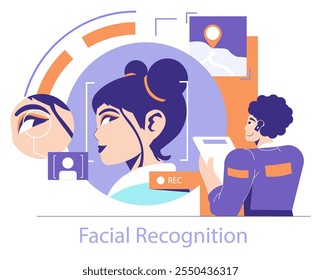 Facial Recognition technology concept. Illustration of digital identification and security. Modern biometric authentication methods. Vector illustration.