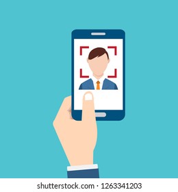 Facial recognition technology, Face ID concept, smart phone focus in a users face. EPS10 vector illustration in a flat style.