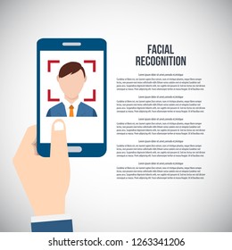  Facial recognition technology, Face ID concept, smart phone focus in a users face. EPS10 vector illustration in a flat style.