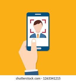  Facial recognition technology, Face ID concept, smart phone focus in a users face. EPS10 vector illustration in a flat style.