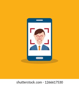 Facial recognition technology, Face ID concept, smart phone focus in a users face. Vector illustration.