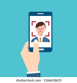 Facial recognition technology, Face ID concept, hand holding smart phone focus in a users face. Vector illustration.