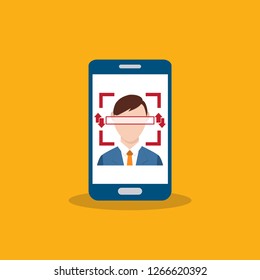 Facial recognition technology, Face ID concept, smart phone focus in a users face. Vector illustration.