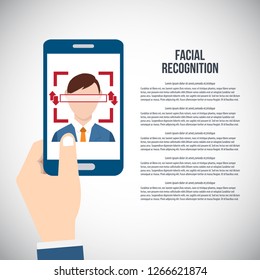 Facial recognition technology, Face ID concept, hand holding smart phone focus in a users face. Vector illustration.