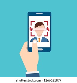 Facial recognition technology, Face ID concept, hand holding smart phone focus in a users face. Vector illustration.