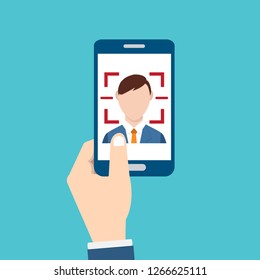 Facial recognition technology, Face ID concept, hand holding smart phone focus in a users face. Vector illustration.