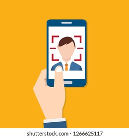 Facial recognition technology, Face ID concept, hand holding smart phone focus in a users face. Vector illustration.