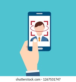  Facial recognition technology, Face ID concept, smart phone focus in a users face. EPS10 vector illustration in a flat style.
