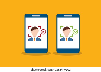 Facial recognition technology, Face ID concept, smart phone focus in a users face. Vector illustration.