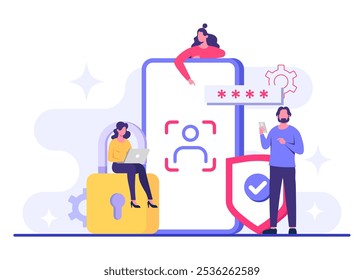 Facial recognition technology flat illustration, Identification and authentication system using faces, biometrics and security, Face identity, Biometric identification, Unlock device
