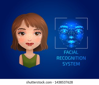 Facial recognition technology, girl's face identification, vector illustration