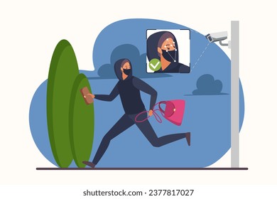 Facial recognition technology to help solve theft vector illustration. Cartoon thief in mask and hoodie running down city street with bag to steal, CCTV camera on wall recognizes face of criminal