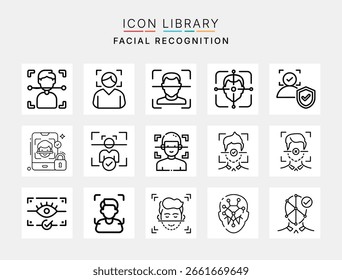 Conjunto de iconos de tecnología de reconocimiento facial con escaneo biométrico, verificación de IA, sistema de seguridad y concepto de identidad digital en estilo moderno