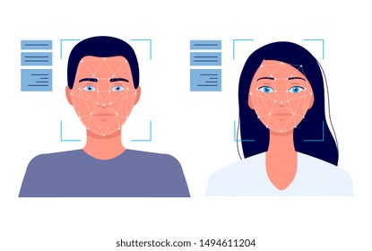 Facial recognition technology - male and female face inside identity verification scanning interface. Flat isolated cartoon vector illustration of digital sensor software.