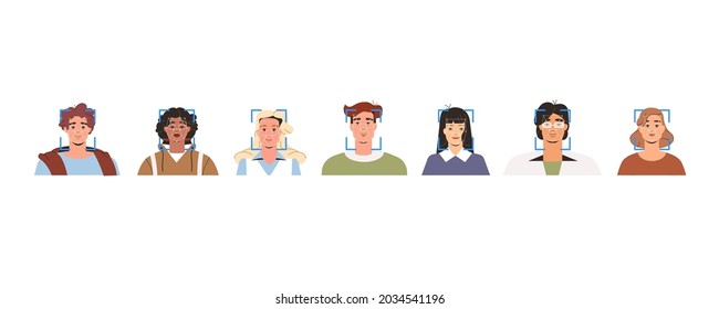 Facial recognition technology, verification and biometric identification of person. Concept of scanning, face ID system or artificial intelligence. Portraits of young diverse adults in flat style.