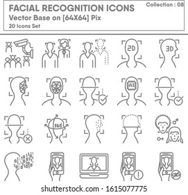 Facial Recognition and Technology Verification Icons Set, Icon Collection of Security Identify System. AI Detection and Human Face Scanning for Identification. Identity Facial Scanner, Illustration
