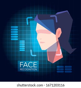 facial recognition technology, woman face identity verification vector illustration design