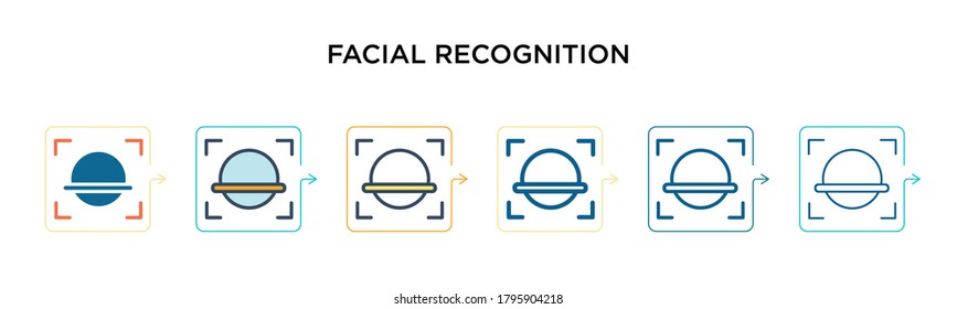 Facial recognition vector icon in 6 different modern styles. Black, two colored facial recognition icons designed in filled, outline, line and stroke style. Vector illustration can be used for web, 