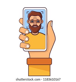 Facial recognition.Face ID.Human hand holding smartphone.Man young with a beard.Flat vector line art.Isolated on white background.