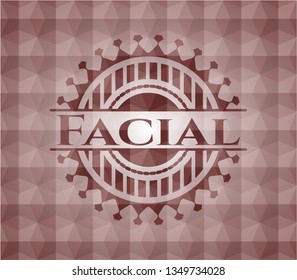 Facial red emblem or badge with geometric pattern background. Seamless.