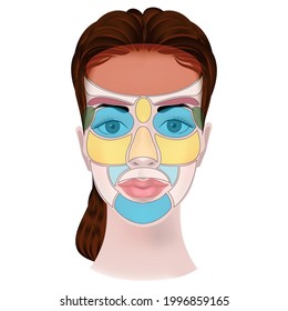 Facial Reflexology Diagram. Reflection Of Diseases. Health Zones On The Skin. Vector Illustration