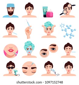 Facial rejuvenation cosmetic treatments icons collection with mask application  botox injections lips filling procedures isolated vector illustration 